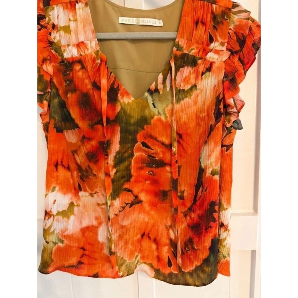 Marie Oliver Floral Ruffle Blouse Women’s Small Orange Green Sleeveless Top